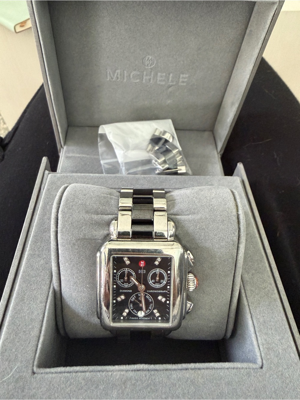 Michele Black Dial Stainless Steel two tone Bracelet deco diamond watch